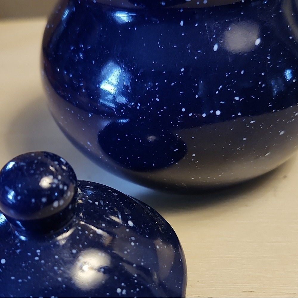 Blue White Speckled Ceramic Porcelain Canister Jar with Lid, Round 4.5 in - Picture 5 of 6